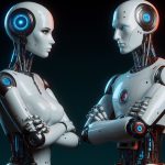 Dos robots, uno de aspecto femenino y otro con características masculinas se miran con desconfianza. ¿Existe sesgo de género en las #IA?