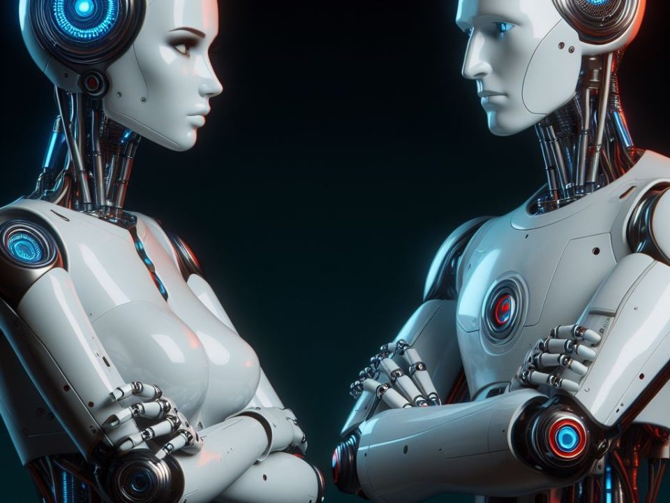 Dos robots, uno de aspecto femenino y otro con características masculinas se miran con desconfianza. ¿Existe sesgo de género en las #IA?